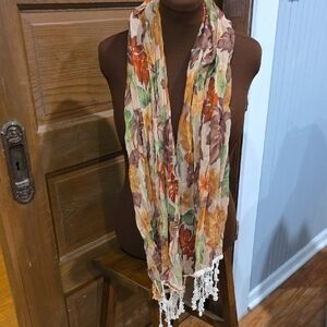Autumn Floral Crinkle Scarf with Fringe